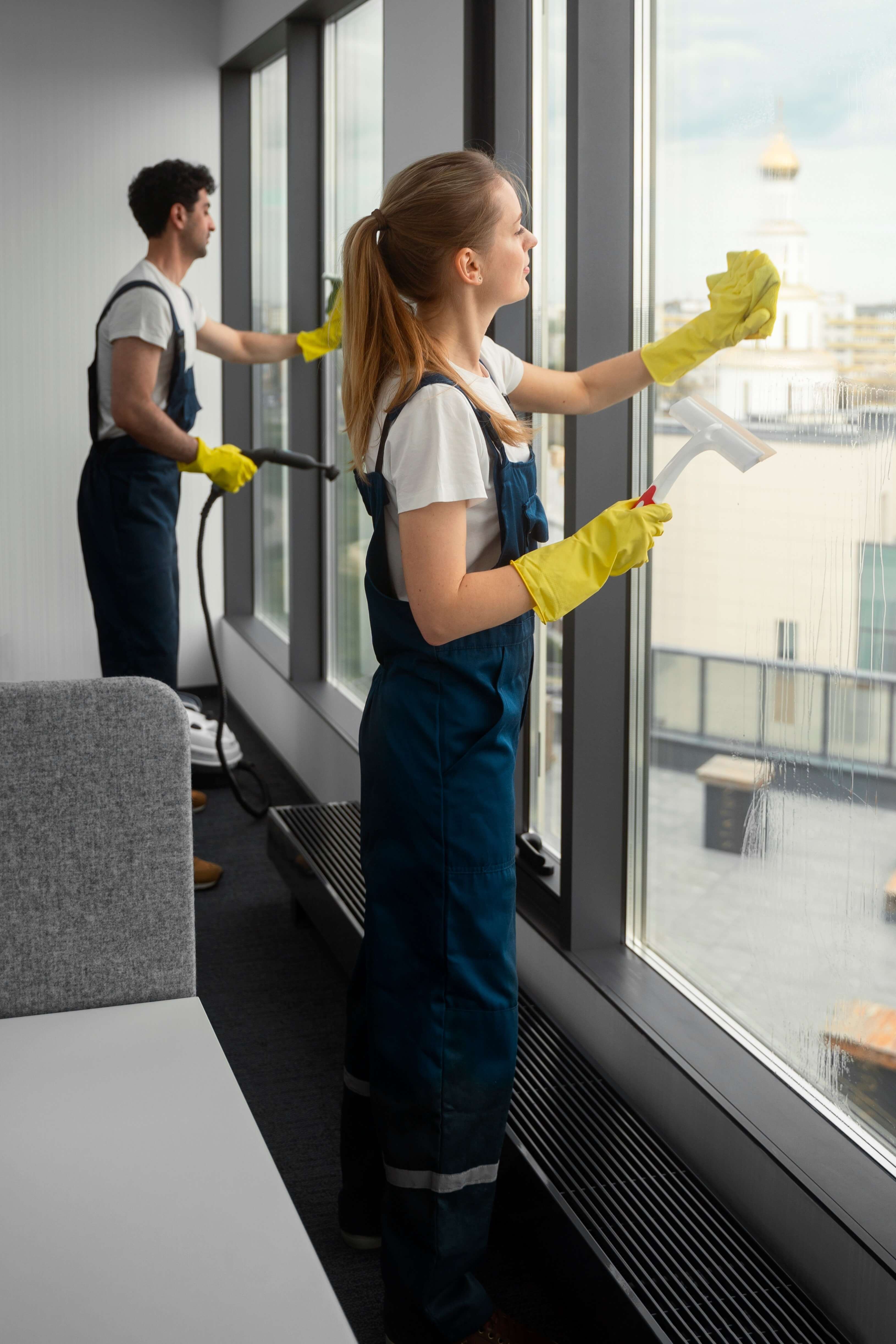 Professional cleaners are washing the windows.