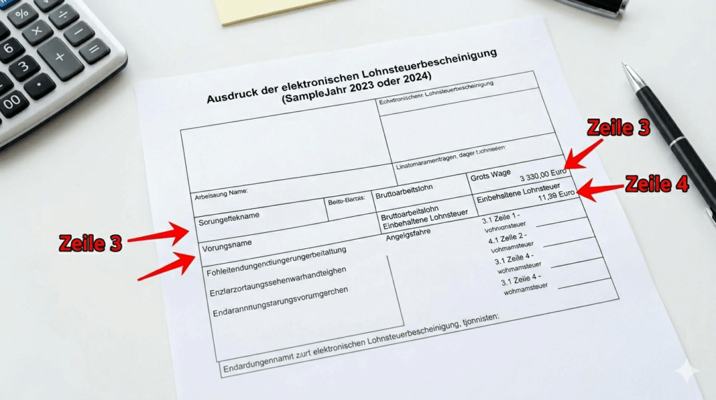 Example of Lohnsteuerbescheinigung (Income Tax Certificate) highlighting Zeile 3 and Zeile 4 for German Tax Return (Steuererklärung) filing.