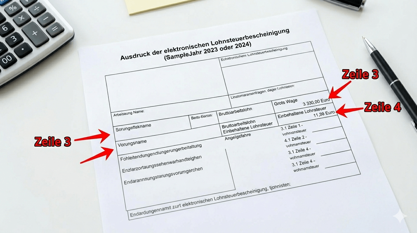 Beispiel Lohnsteuerbescheinigung mit Fokus auf Zeile 3 und Zeile 4 für die Steuererklärung